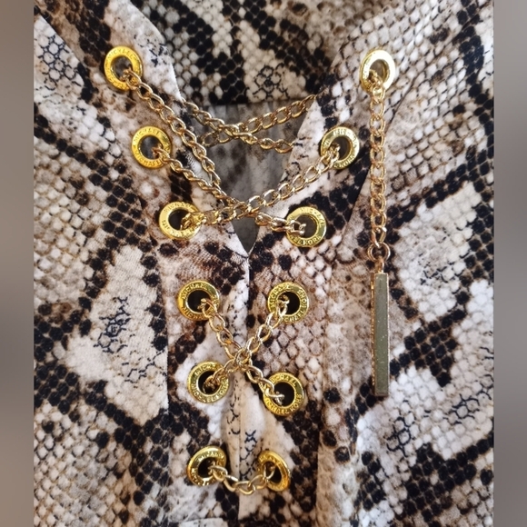 Micheal Kors Animal Print Snakeskin Flowy Mobwife Gold Lace Up Belted Dress - Picture 5 of 7